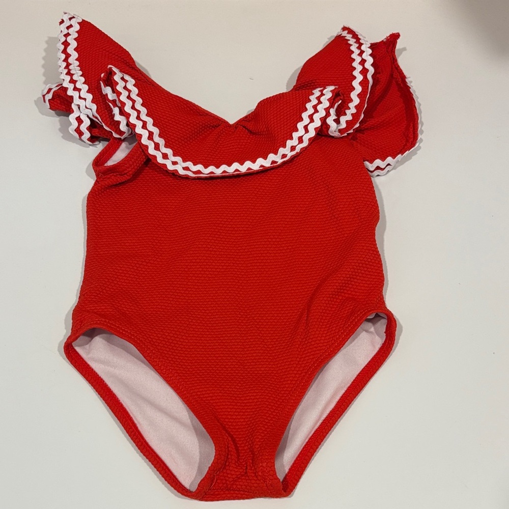 Janie and Jack Red One-Piece Ruffle Swimsuit with White Trim